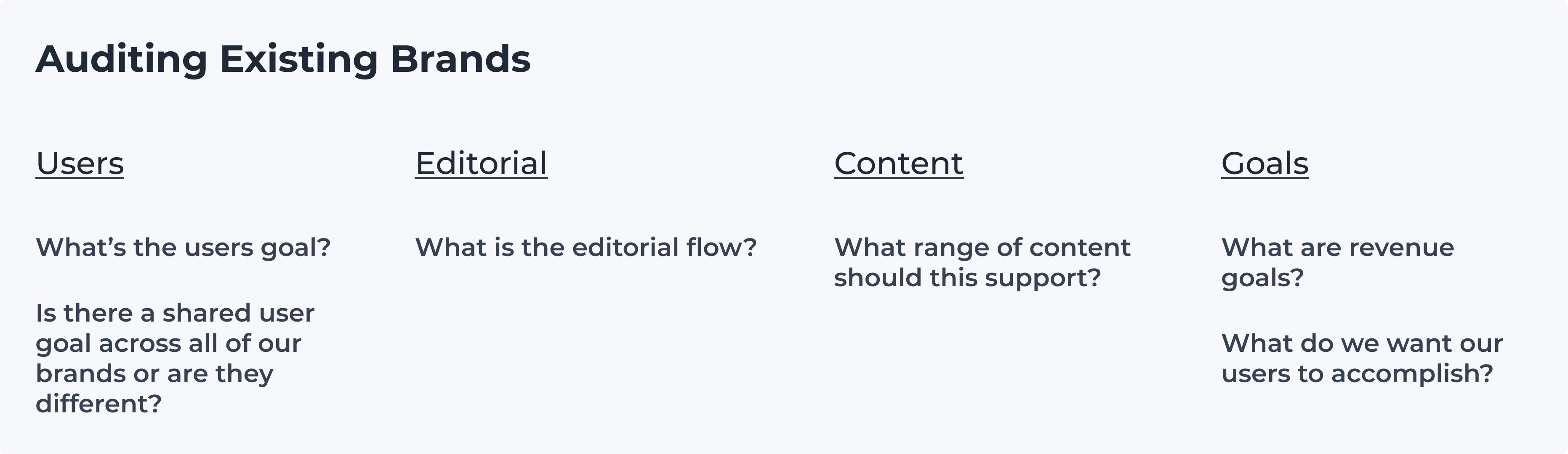 How to audit existing brands with users, editors, content and goals in mind. 