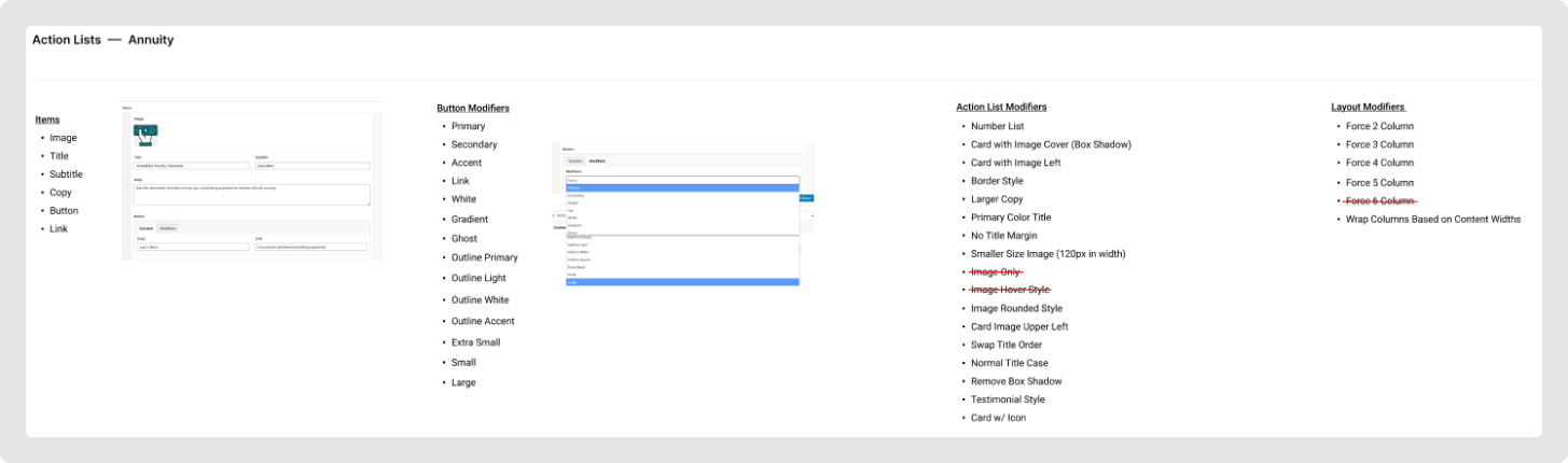 Dropdowns showing variants in our custom WordPress page builder.